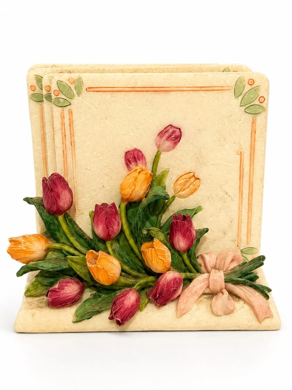 Vintage A. Richesco Hand Painted Tulip Cork Back Coaster Set of 4 with Holder 💕